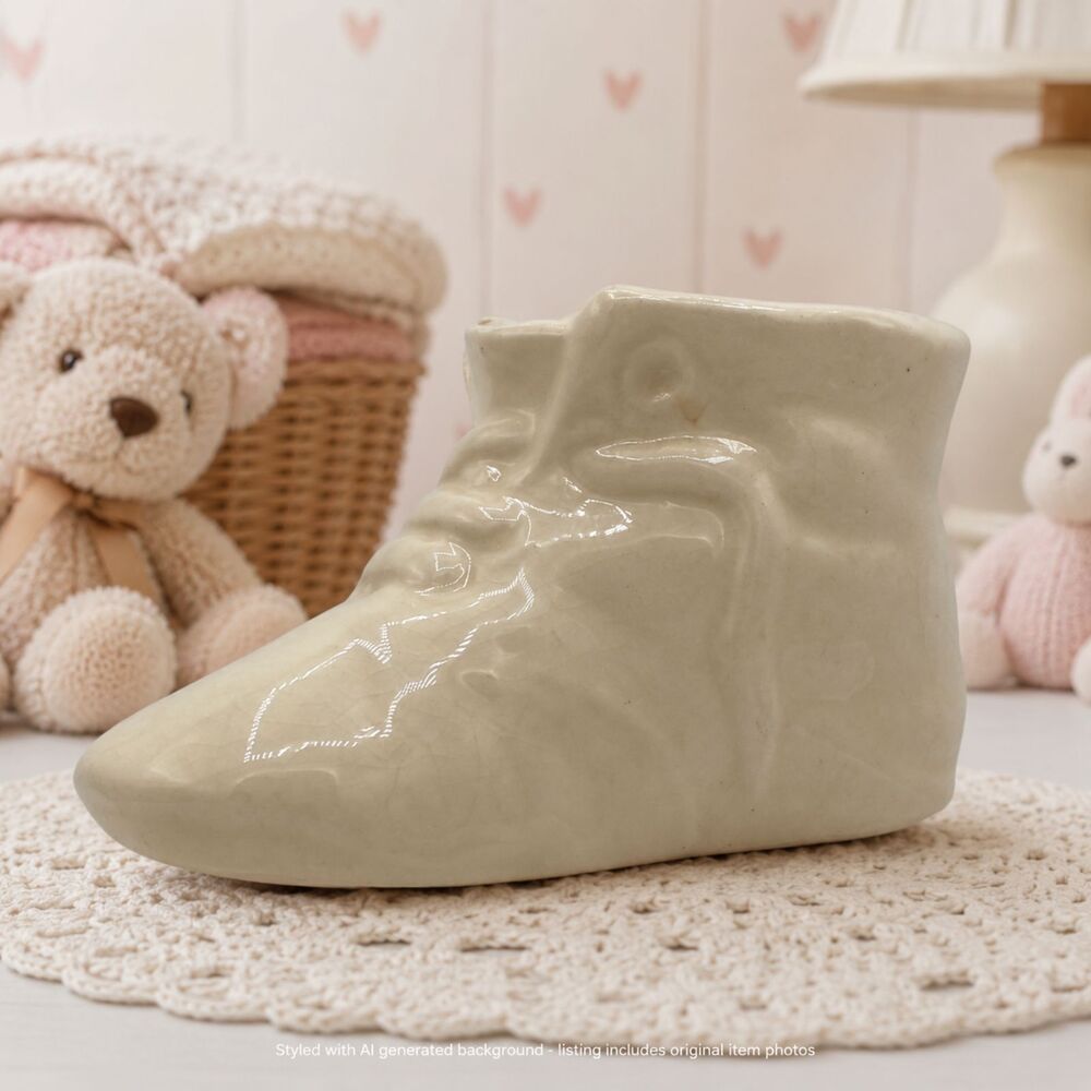 Vintage Ceramic Baby Shoe Bootie Planter Vase Ivory Cream Small Nursery Decor 4"